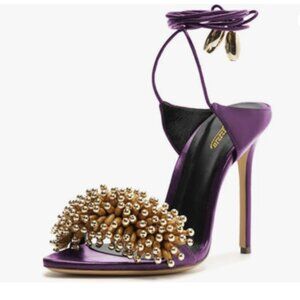 Zszszsu Purple Open Pointed Toe Sandals High Heels Ankle Strap Self-tie Shoes